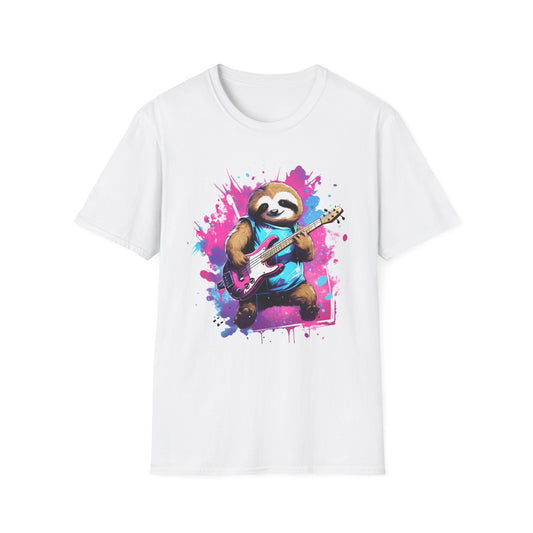 Sloth Serenade - Unisex Tee -Sloth, electric guitar, rock, music, groovy, cool, chill, whimsical, adorable, colorful, unique, trendy, guitar