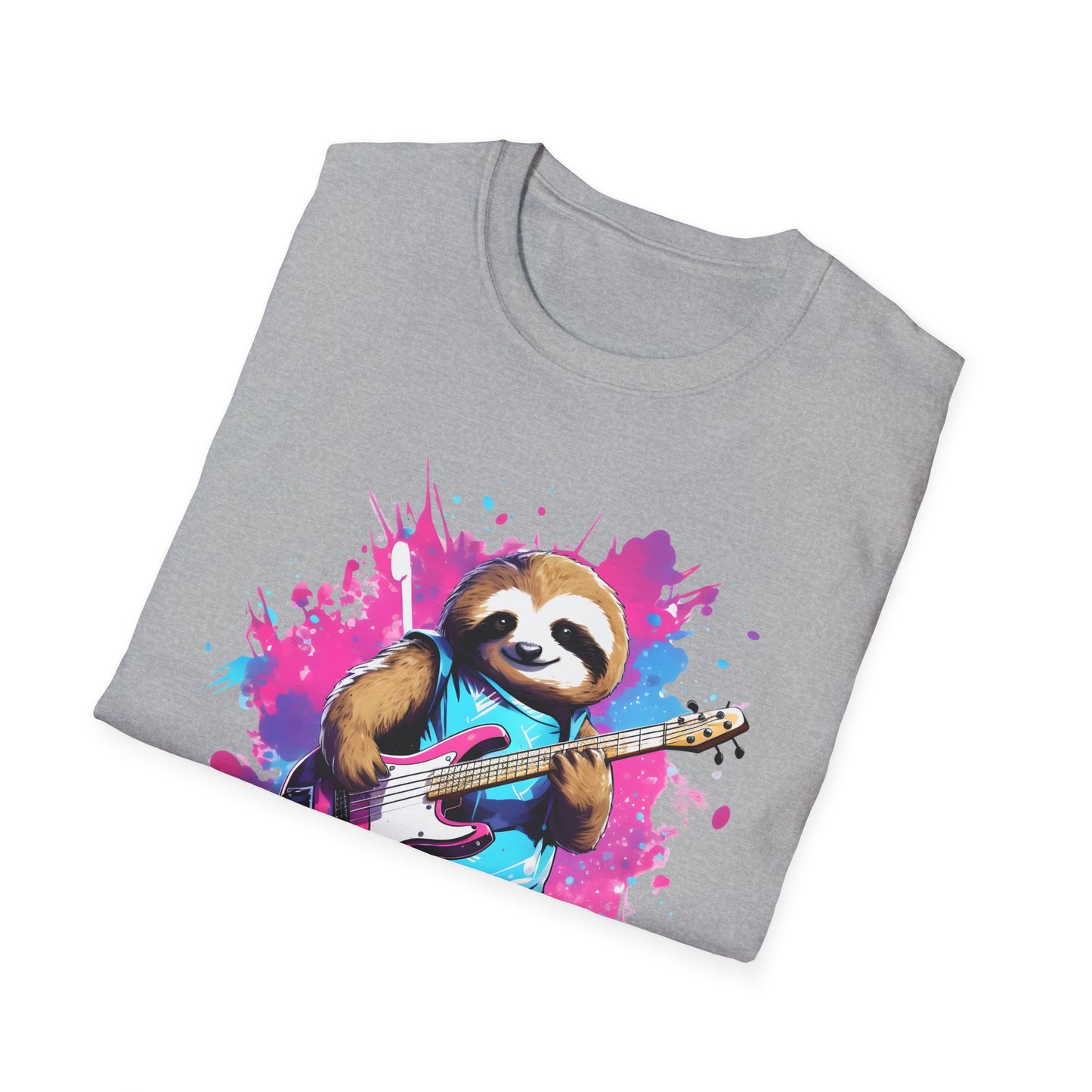 Sloth Serenade - Unisex Tee -Sloth, electric guitar, rock, music, groovy, cool, chill, whimsical, adorable, colorful, unique, trendy, guitar