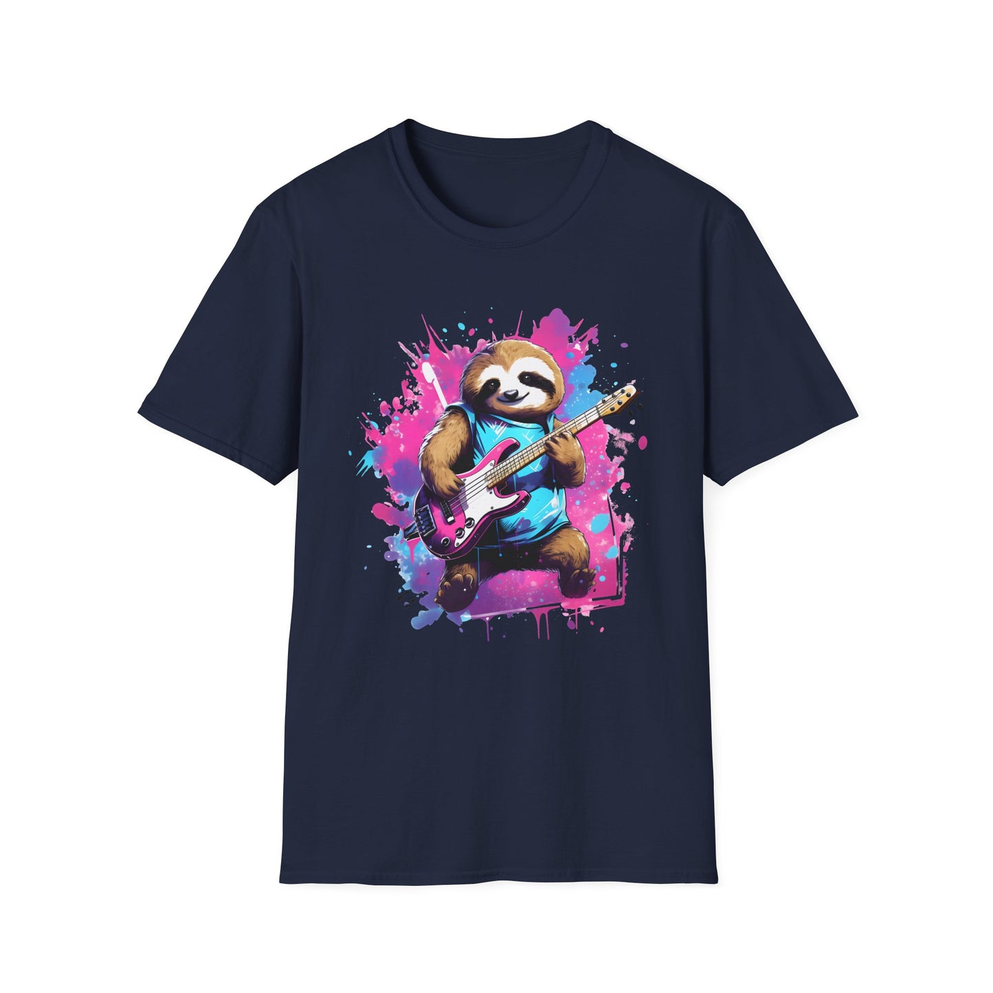 Sloth Serenade - Unisex Tee -Sloth, electric guitar, rock, music, groovy, cool, chill, whimsical, adorable, colorful, unique, trendy, guitar