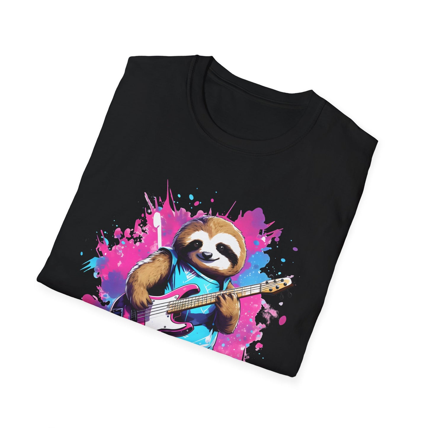 Sloth Serenade - Unisex Tee -Sloth, electric guitar, rock, music, groovy, cool, chill, whimsical, adorable, colorful, unique, trendy, guitar