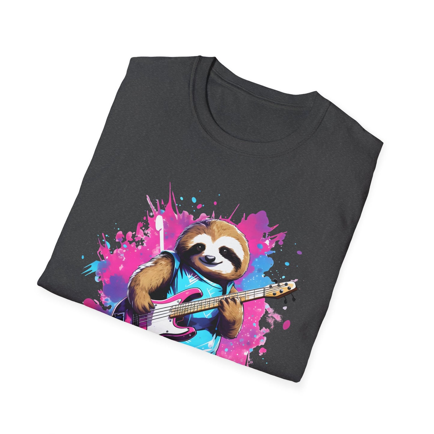 Sloth Serenade - Unisex Tee -Sloth, electric guitar, rock, music, groovy, cool, chill, whimsical, adorable, colorful, unique, trendy, guitar