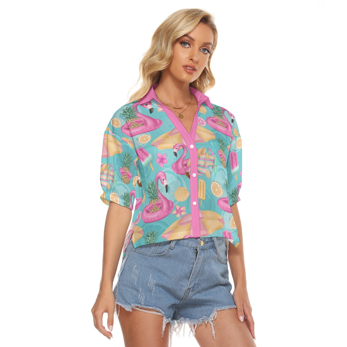 Tropical Flamingo Float Button-Up Blouse