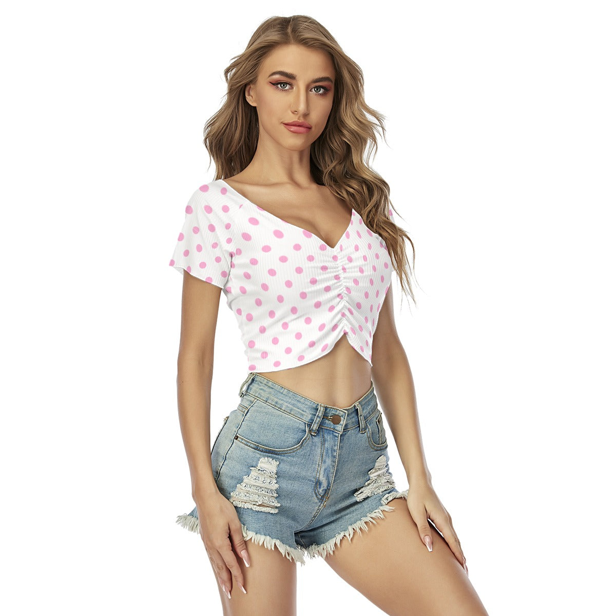 Bo Peep-Inspired Pink Polka Dot Ruched Crop Blouse