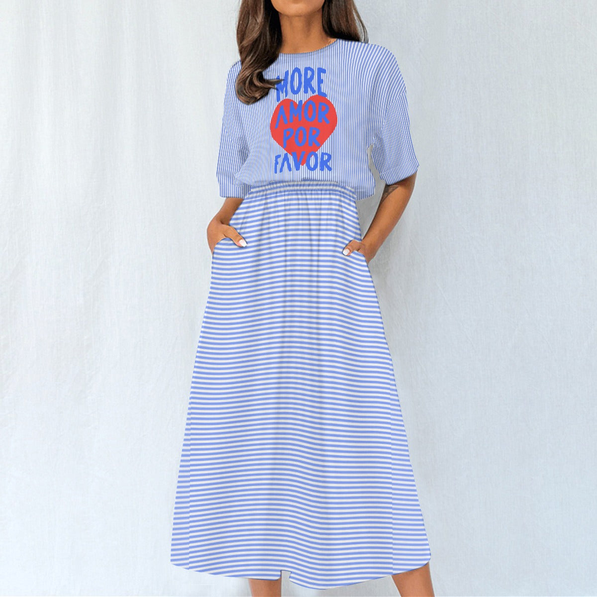 “More Amor Por Favor” Striped Maxi Tee Dress