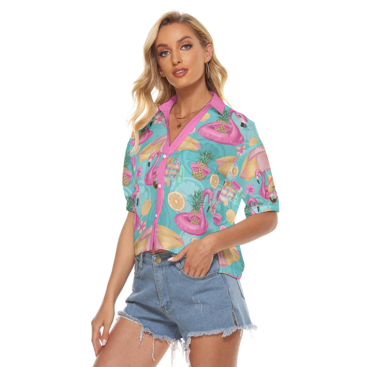 Tropical Flamingo Float Button-Up Blouse