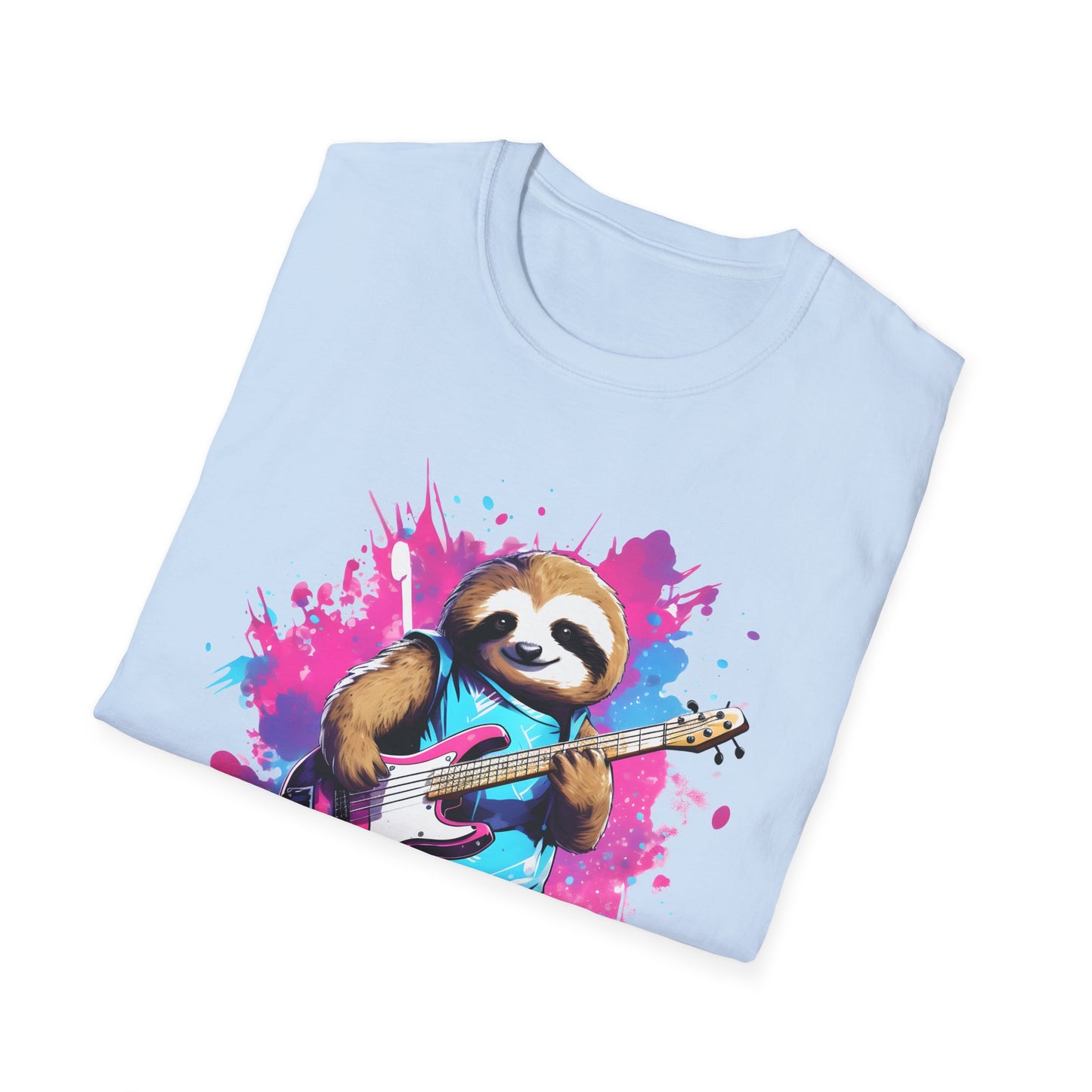 Sloth Serenade - Unisex Tee -Sloth, electric guitar, rock, music, groovy, cool, chill, whimsical, adorable, colorful, unique, trendy, guitar