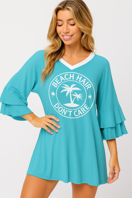 Beach Hair Don’t Care Ruffle Sleeve Tunic