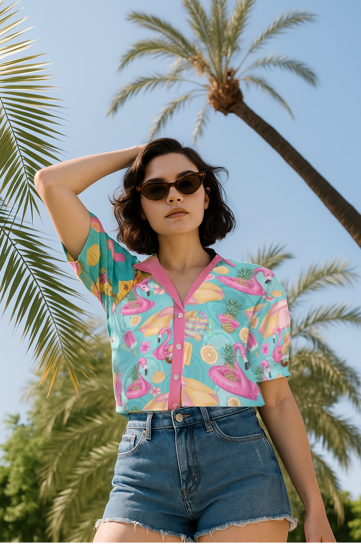 Tropical Flamingo Float Button-Up Blouse